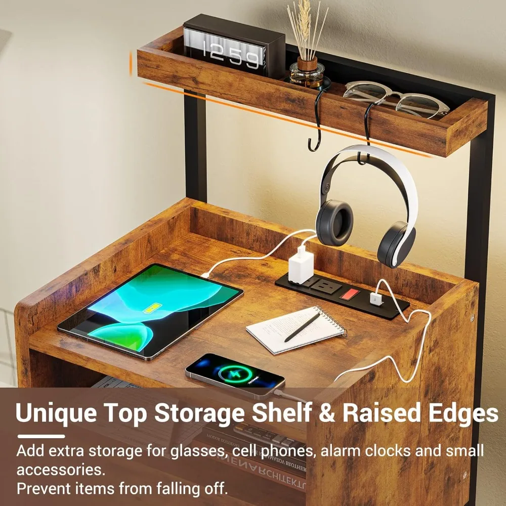 Nightstand Set of 2 with Charging Station, Bedside Table with Storage Drawer and LED Light, with USB Ports Easy Assembly