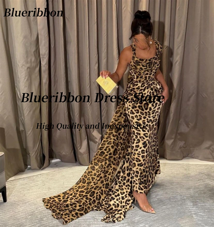 Blueribbon Leopard Print Sexy Prom Dresses 2024 Off Shoulder Flutters Evening Gowns Long Maid of Honor Wedding Party Dress