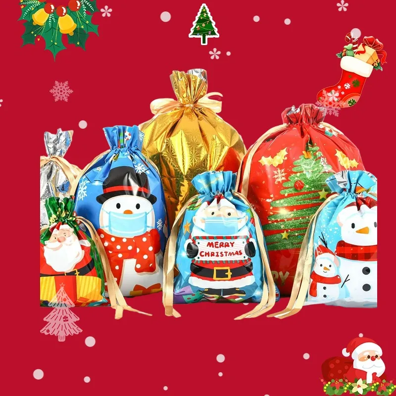 

50PCS Christmas Gift Bags with Drawstring - Santa Claus, Reindeer, Xmas Tree Design for DIY Holiday Party Favors, Snack Pouches