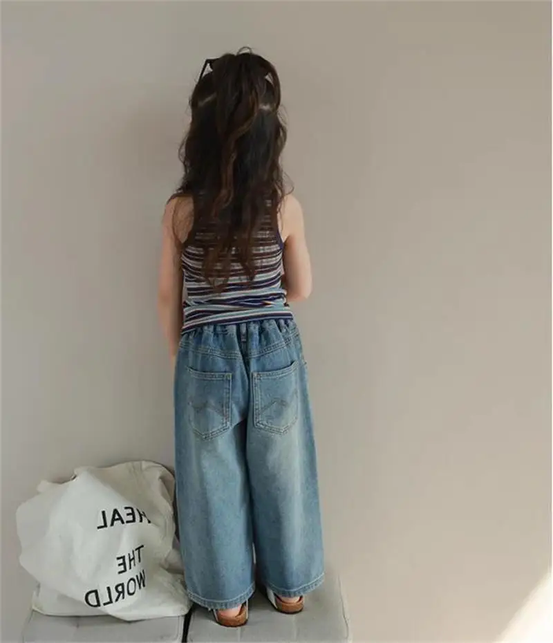 Humor Bear Girl Clothes Kids Clothing Summer Baggy Multi-pocket Elastic-waisted Jeans Wide-leg Pants Girls Pants