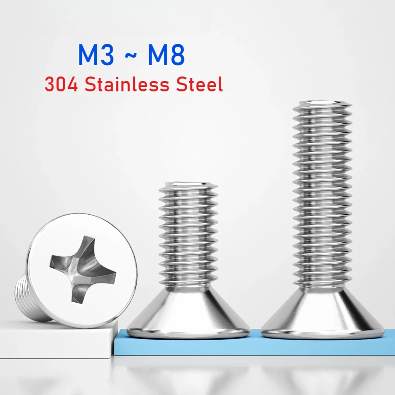 M3 M4 M5 M6 M8 304 Stainless Steel 500-Hour Salt Spray Passivation Cross Flat Countersunk Head Screws Bolt ​Length 5~50mm