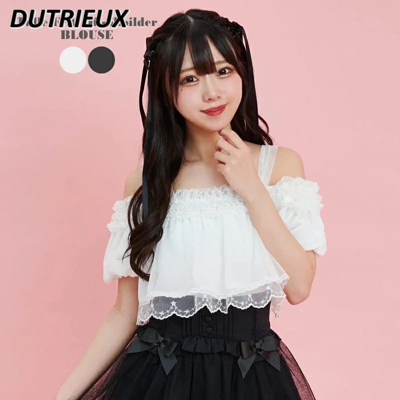 Summer New Sweet Girls Shirt Japanese Off-shoulder Short Tops Fake Two-Piece Lace Stitching Wooden Ear Princess Blouse