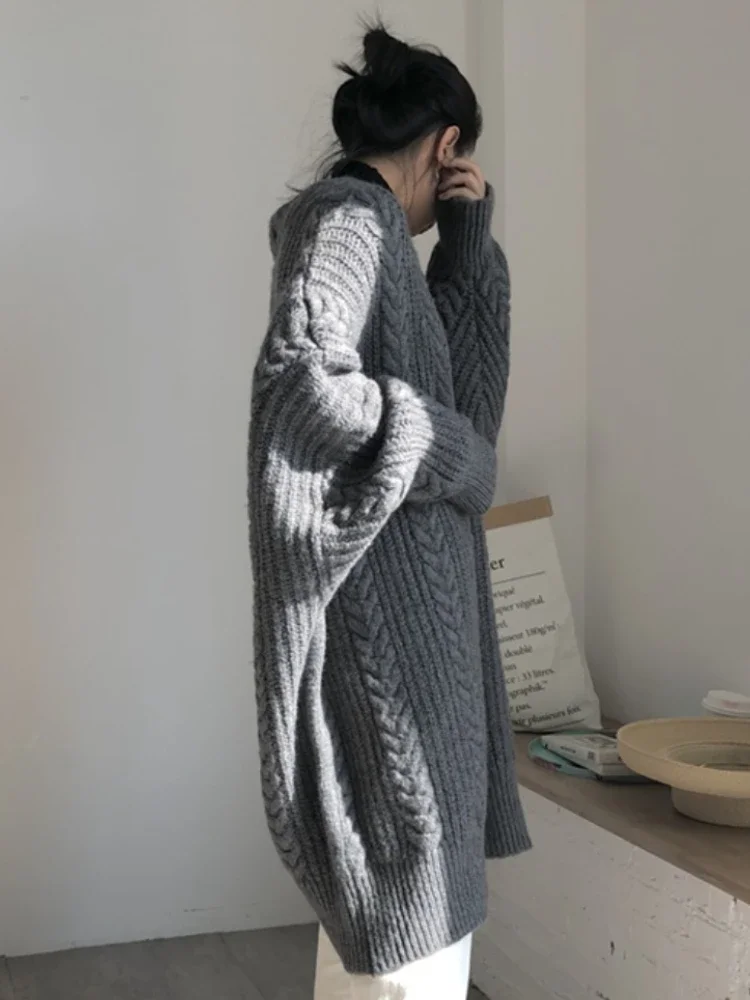 Knit Cardigan Women Solid Long Coat Thicken Sweater Jacket Street Wear Loose Warm Overcoat Female Topcoat Retro Spring Winter