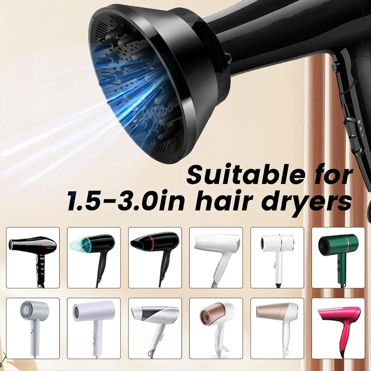 (A75U] Hair Dryer Diffuser Universal Hair Diffuser Attachment for Fine Thick Curly Wave and Frizzy Hair Salon Tool with Clip