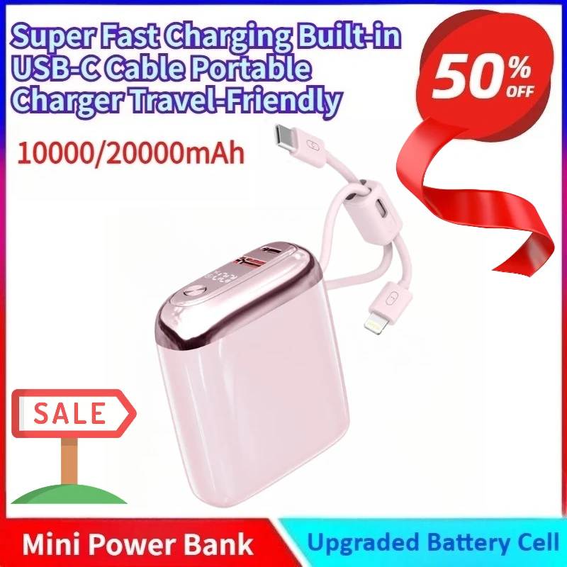 

New Mini Power Bank 20000mAh 66W Super Fast Charging Built-in USB-C Cable PD3.0/QC3.0 Certified Portable Charger Travel-Friendly