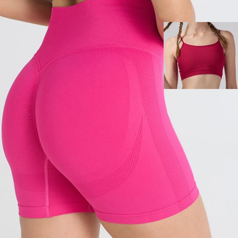 Hoge sterkte schokabsorberende nauwsluitende draad sport top met korte mouwen voor dames naadloze hoog getailleerde strakke broek shortset