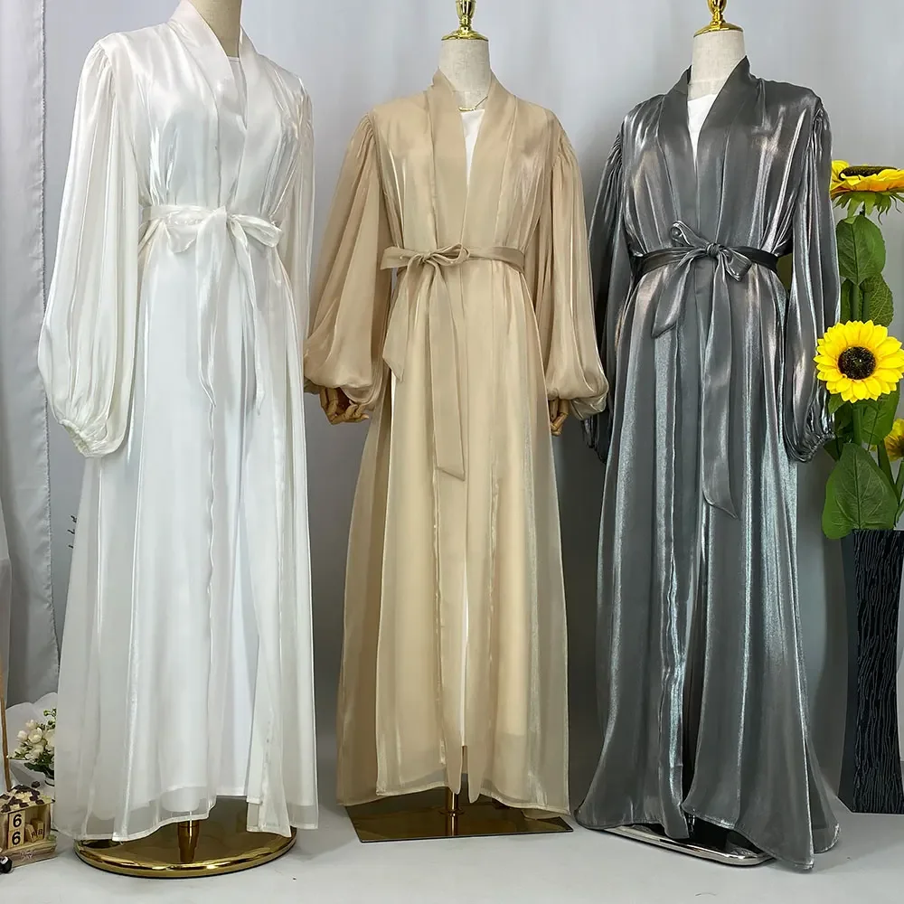 

Eid Ramadan Open Abaya Shiny Satin Muslim Women Maxi Dress Dubai Turkey Kaftan Islamic Jalabiya Arabic Robe Kimono Cardigan Gown