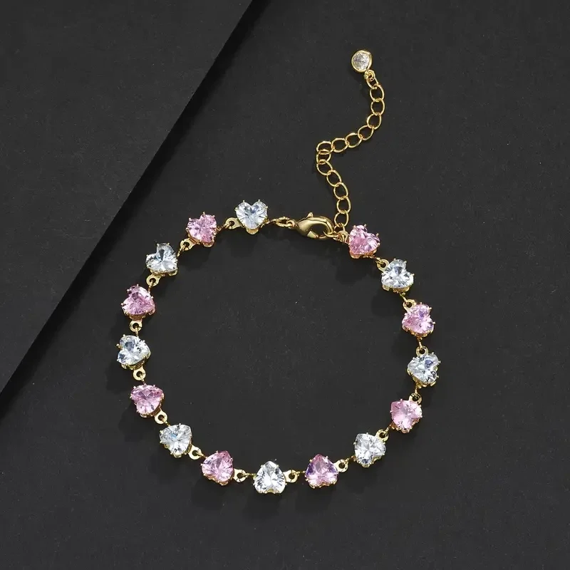 Adjustable Pink Heart Shaped Couple Bracelet Sparkling Synthetic Gemstones Elegant Jewelry Perfect Birthday Gift