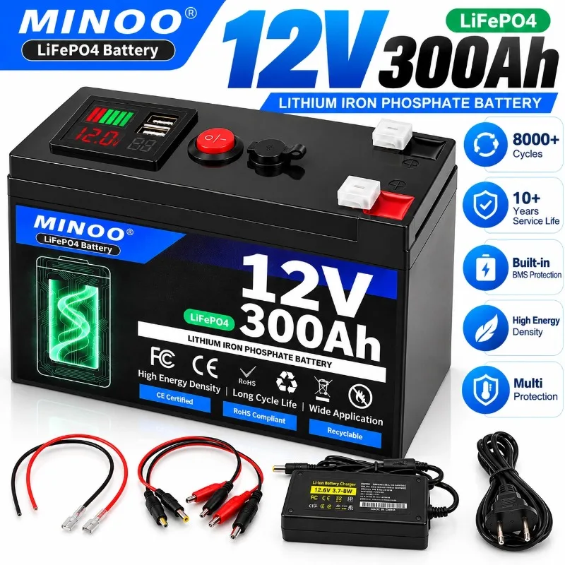12V 300Ah Lithium Iron Phosphate Battery Built-in BMS Long Life Deep Cycle Power for RV Marine Solar Energy Storage