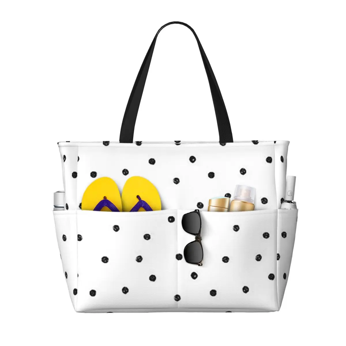 Black White Polka Dot Beach Tote Bag Sport Gym Yoga Duffle Large Tote Bag Women Travel Bag Fitness bag