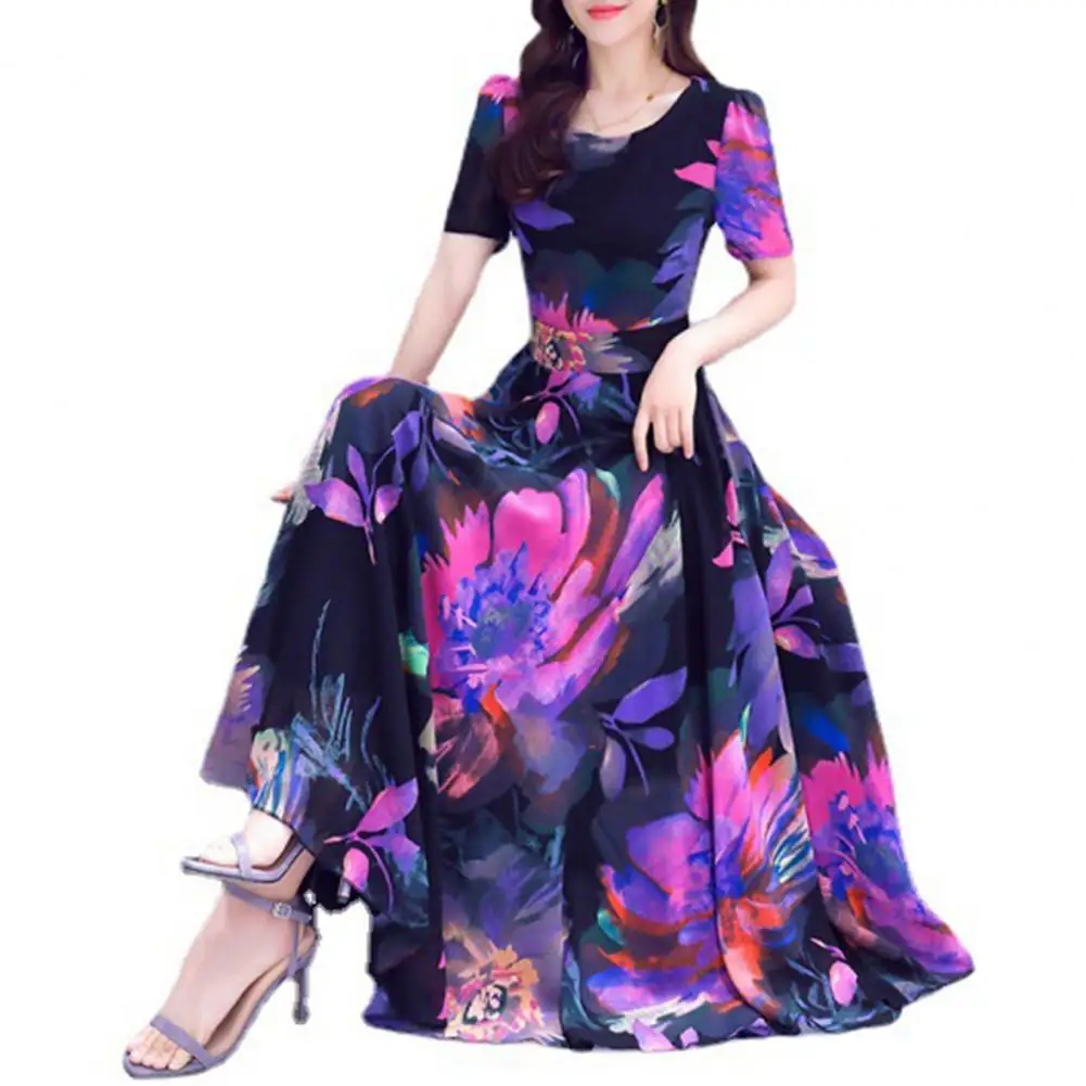 

Party Long Dress Bohemian Floral Print Midi Dress for Women High Waist A-line Swing Style with Short Sleeves for Summer Beach