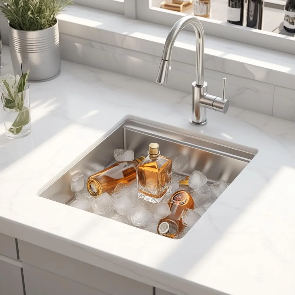 Fregadero de barra bajo montaje de acero inoxidable de 15x15 pulgadas, estación de trabajo de fregadero de preparación pequeña para cocina y RV, diseño de caída de calibre 16