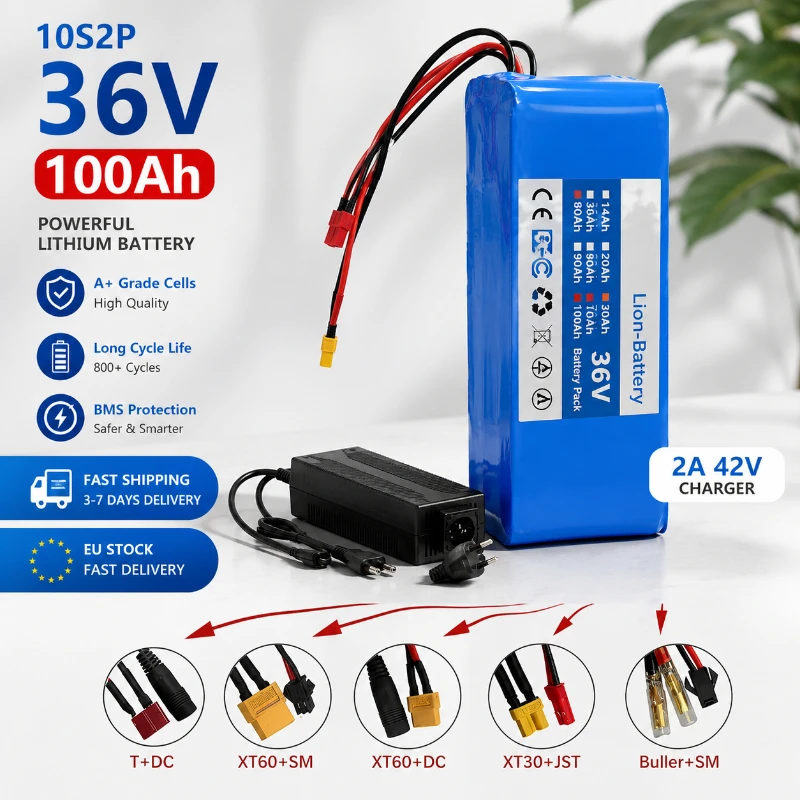 36V 100Ah Lithium-Akku-Pack 10S2P 18650 Ersatzakku für Elektroroller, E-Bike, Motorrad mit BMS EU-Lagerbestand