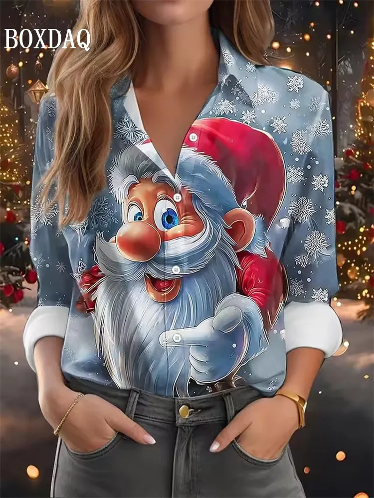 Christmas Print Women's Shirt Graphic Cute Snowman Santa Claus Elegant Long Sleeve Blouse Lapel Tops Work Daily Fall Winter 2025