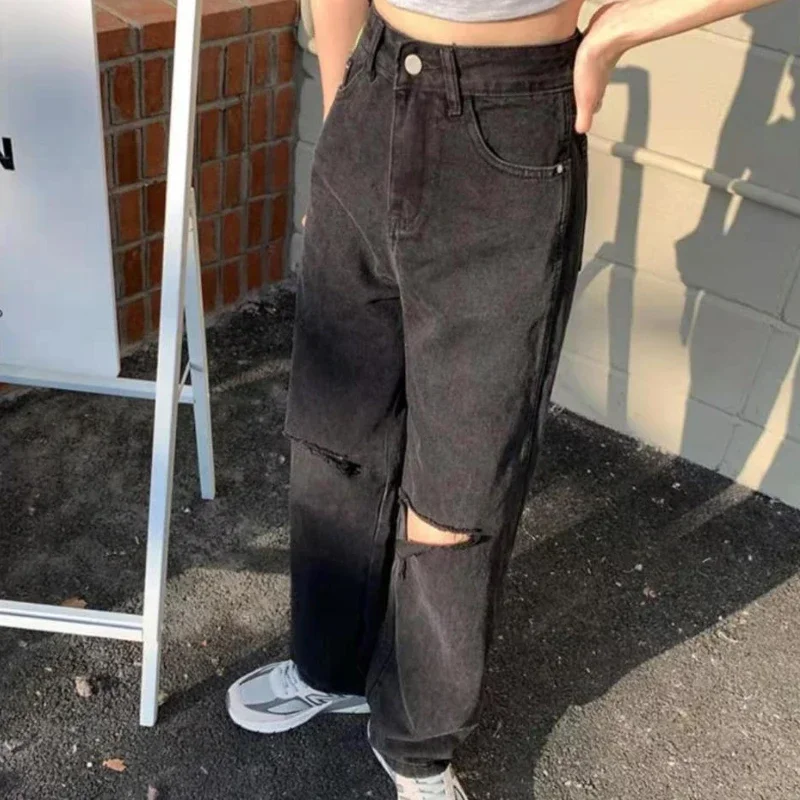 Women\'s Spring and Autumn 2023 New Loose Thin Drape Wide-leg Mopping Pants Black High-waist Ripped Straight-leg Classic Jeans
