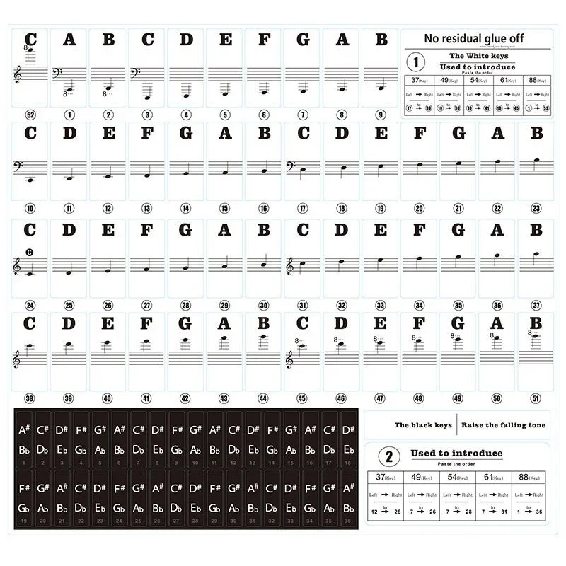 Pegatinas transparentes para teclado de Piano, 88/61/54/49 teclas, calcomanía musical desmontable, notas, Piano Electrónico, pegatina de espectro,