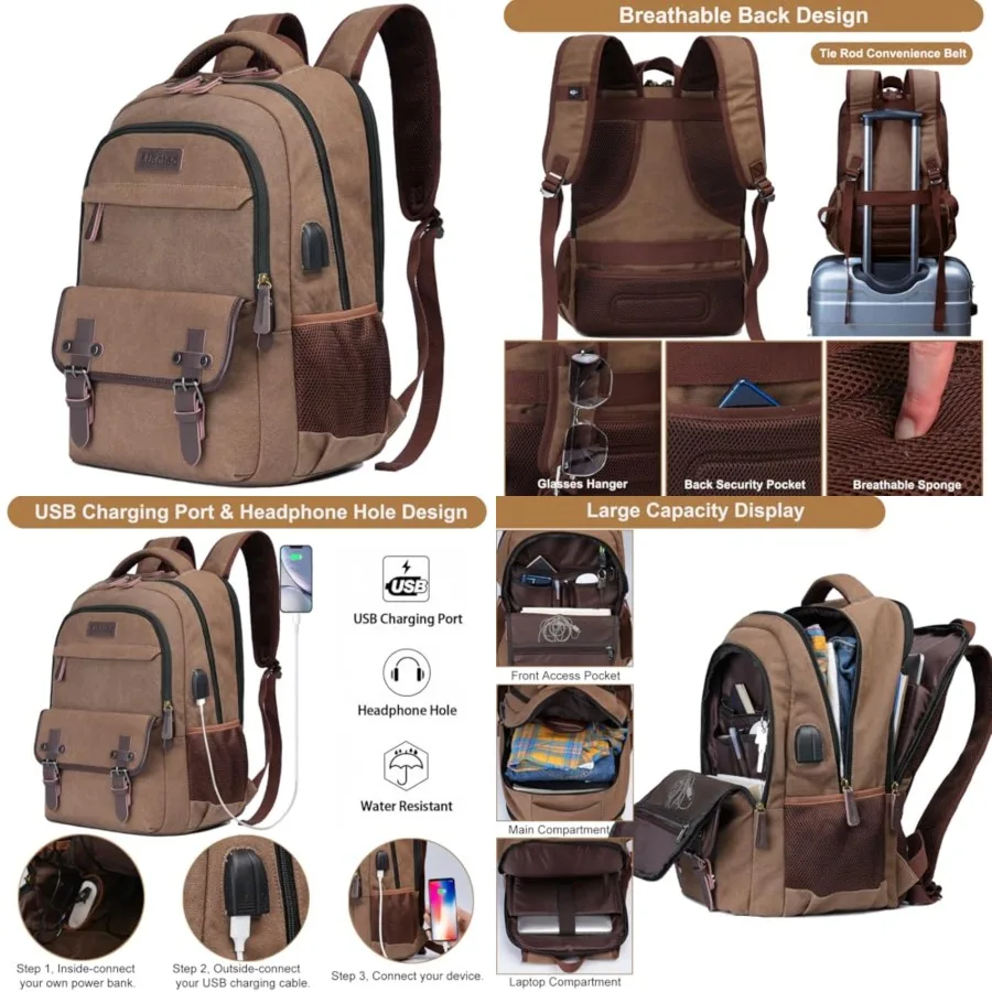 

Canvas Travel Laptop Backpack for Men Women, Business Work Rucksack College School Computer Bag Fits Notebook, Bookbag with USB