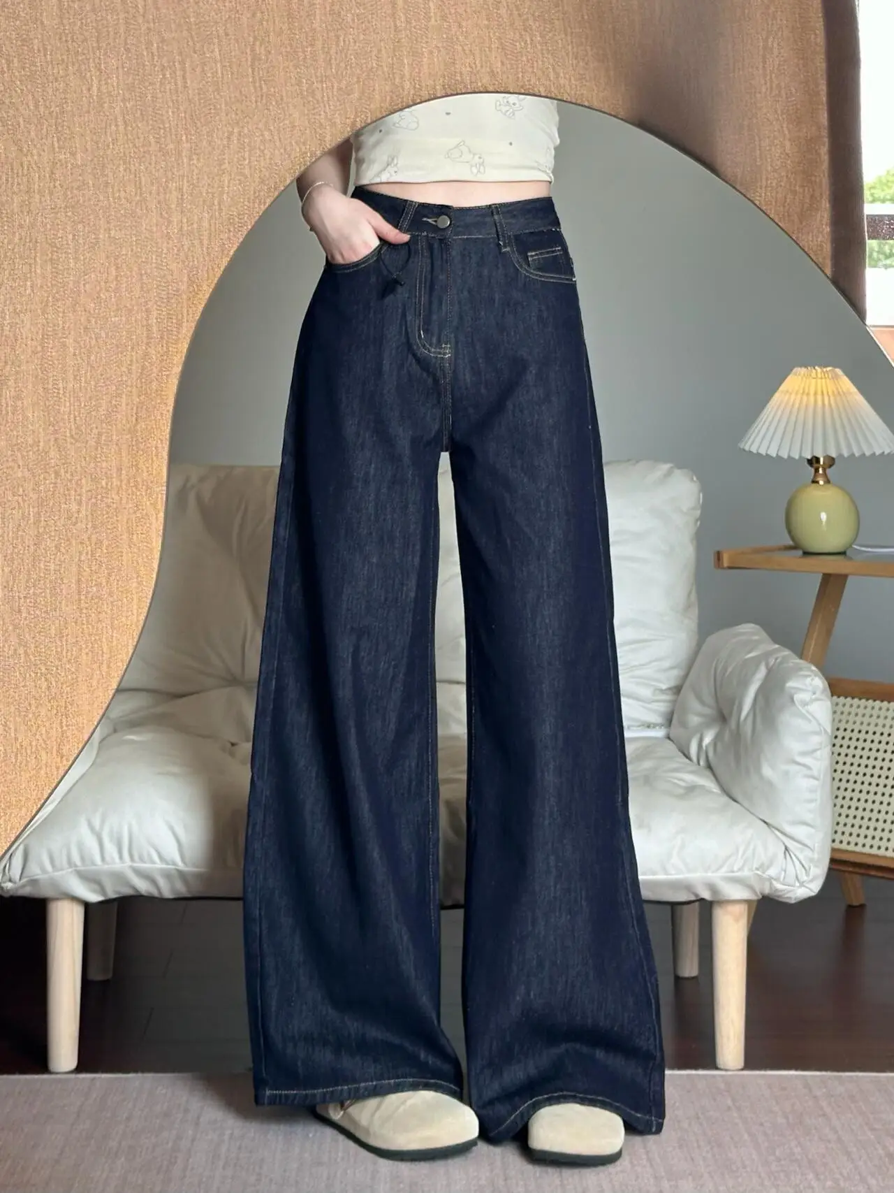 

Модные джинсы с высокой талией и широкими штанинами, женские летние свободные длинные брюки длиной до пола, повседневные брюки с эффектом похудения