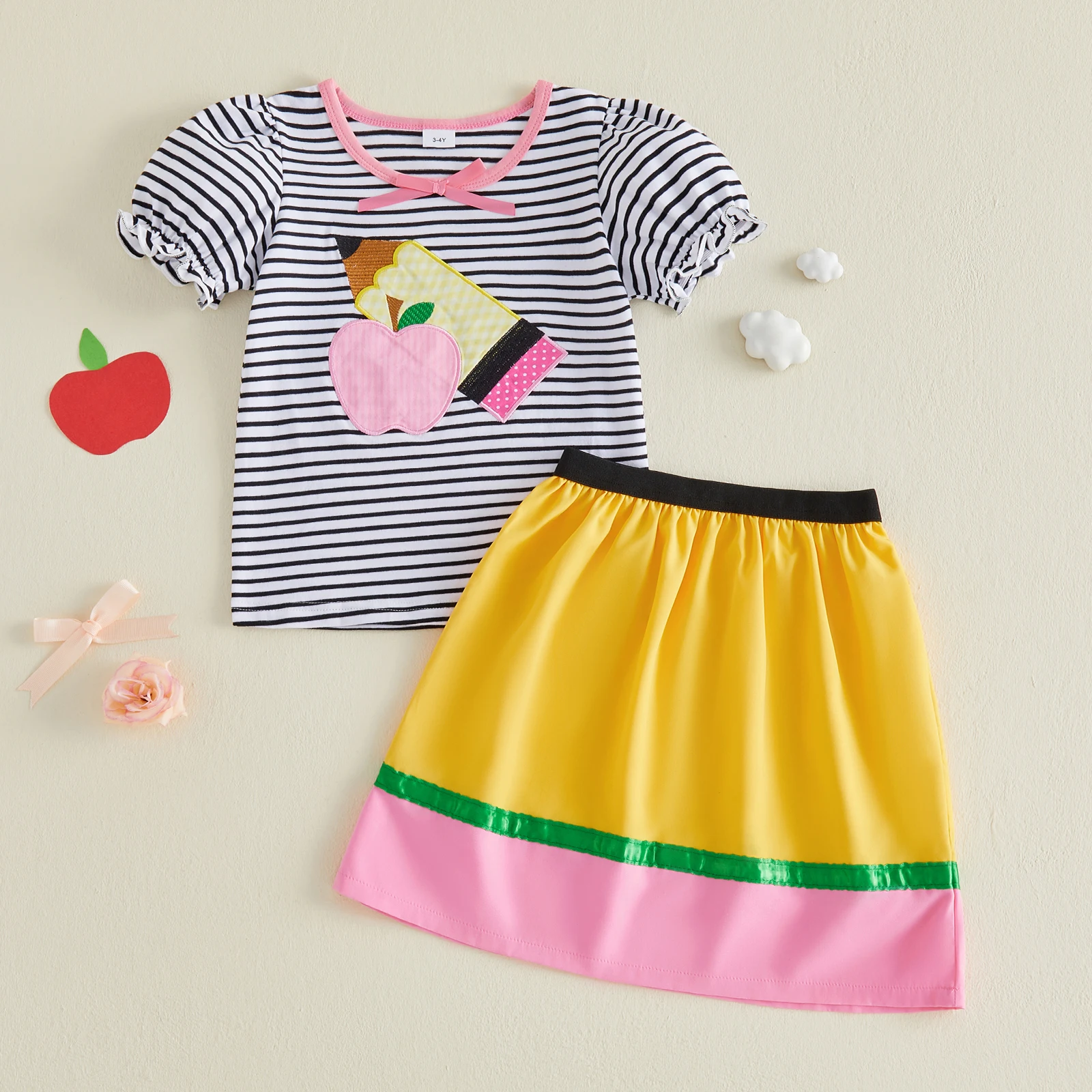 2-7Y Kids Back to School Outfit for Little Girls Summer Puff Short Sleeve Crew Neck Pencil Embroidery Tshirt Tops Skirt Set 2pcs