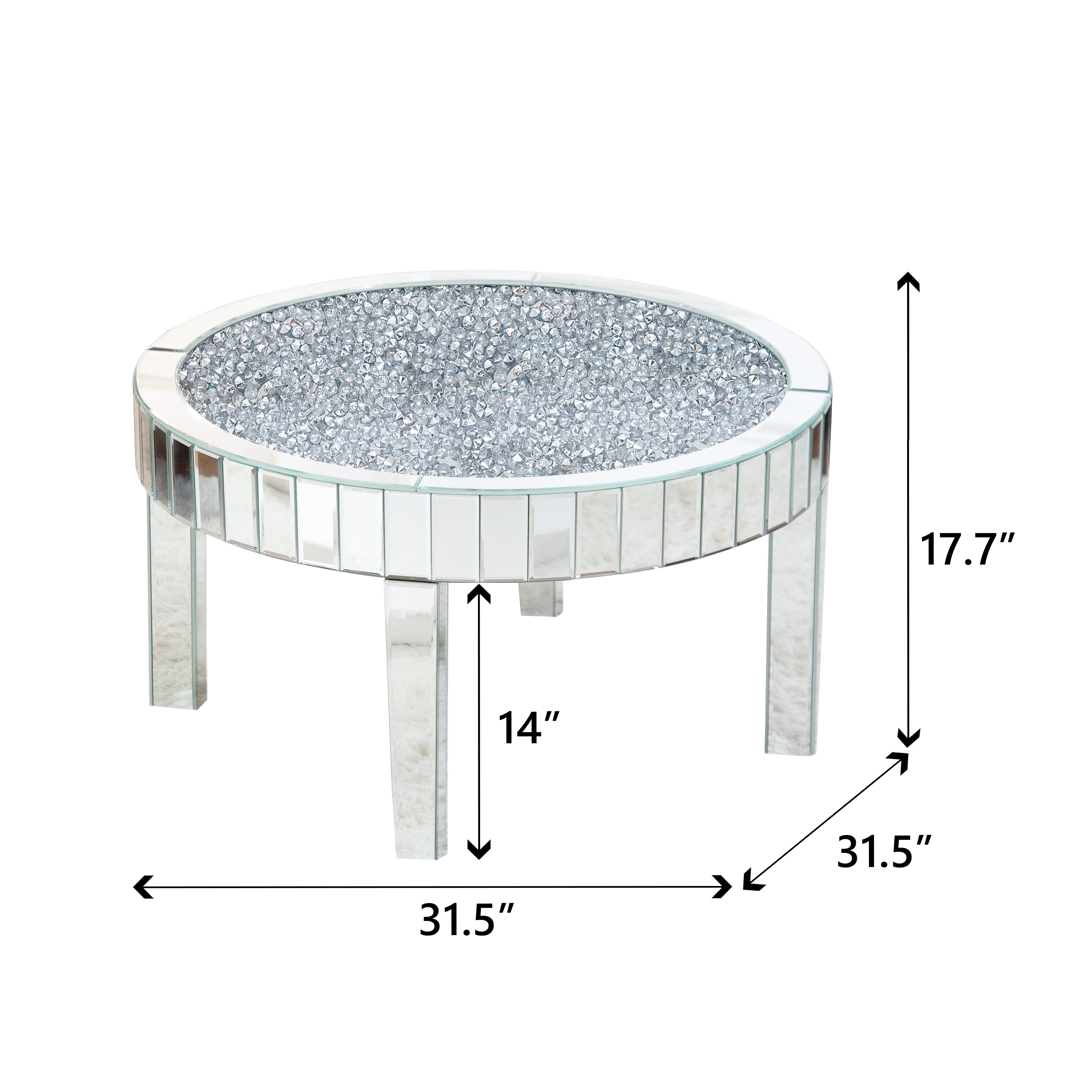 Mirrored Coffee Table with Crystal Inlay, 31.5'' Modern Round Coffee Table with Mirror Surface, Silver Accent Table