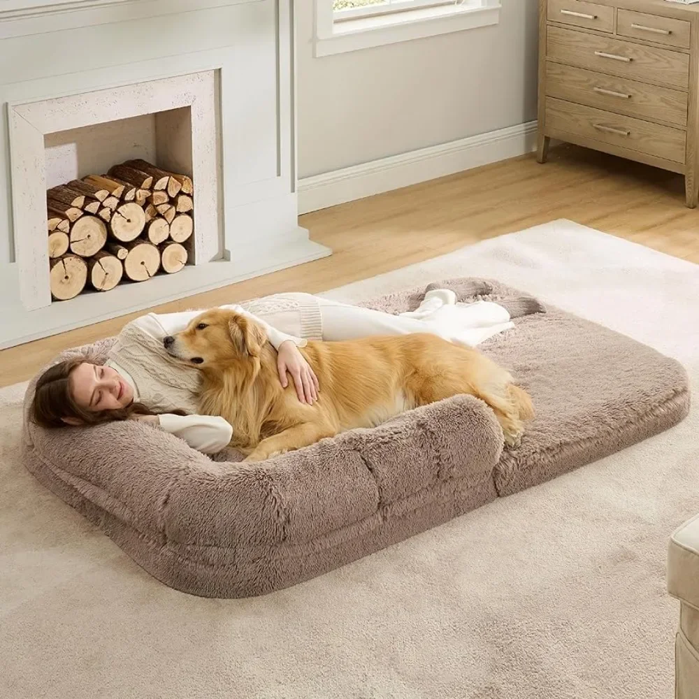 

2 in 1 Calming Human Size Giant Dog Bed Fits Pet Families With Egg Foam Supportive Mat and Waterproof Liner Camel Mattresses