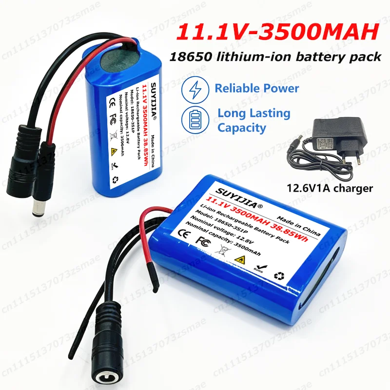 11.1V 3500mAh 3S1P 18650 Rechargeable Lithium Ion Battery Pack built-in BMS for LED Strip Light Toy Car Security System +Charger