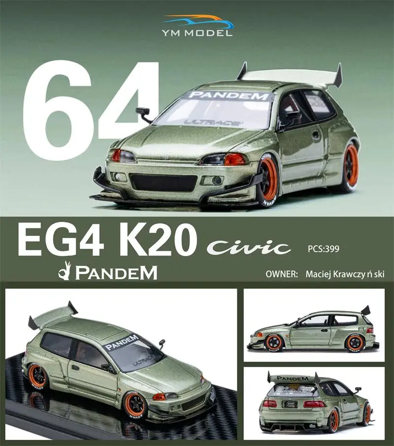

YM model 1:64 Civic EG4 K20 Pandem Metallic green limited399 Resin Model Car