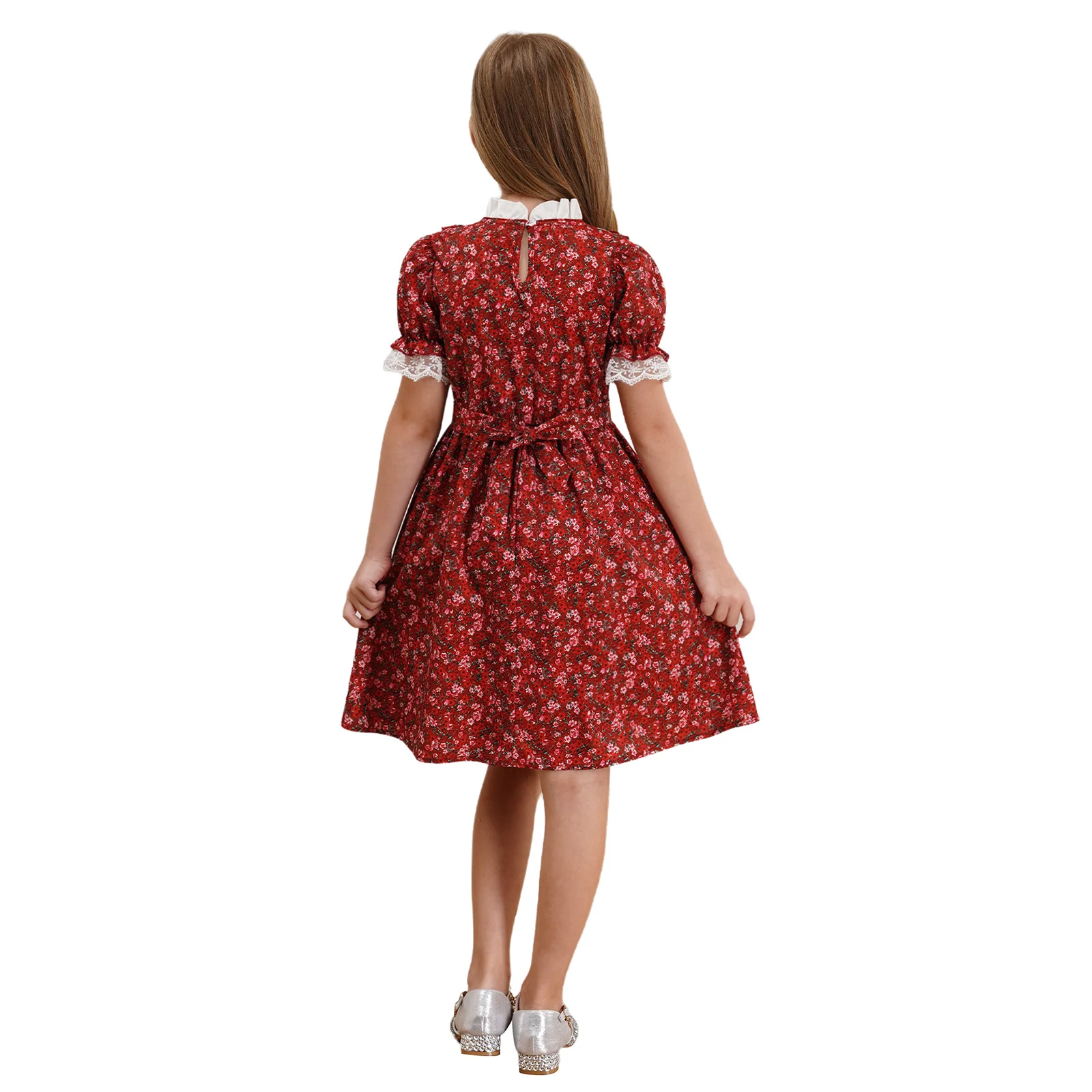 Kids Girls Summer Floral Print Dress Puff Sleeve Ruffled Trim Casual Midi Dresses with Belt for Daily School Party Picnic Beach