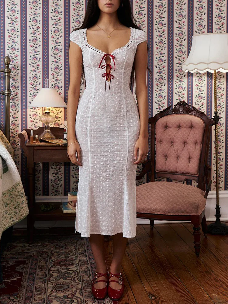 Summer Women's Dresses Vintage White Lace Beach Party Long Dress Bowknot Tie Up Maxi Boho New Vestidos Lace Dress Robe 2025