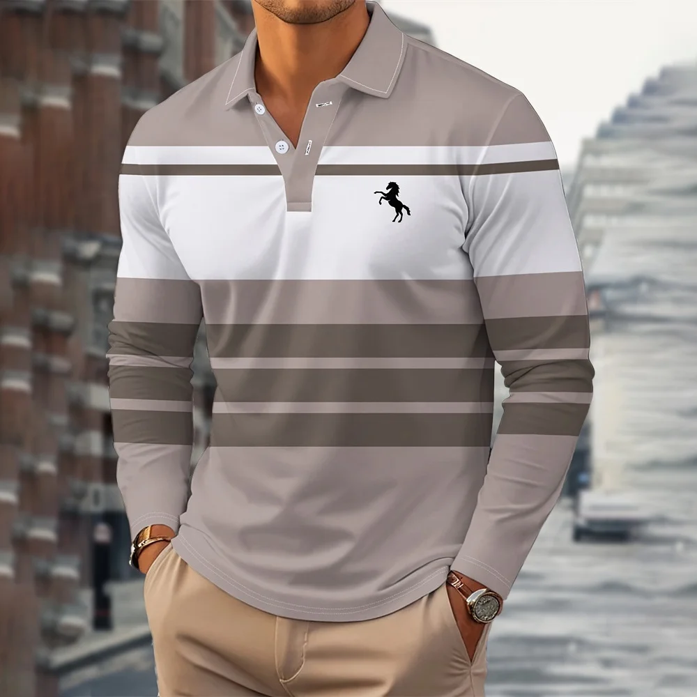 Fashion Black Striped Print 2026 Golf Wear Men White Collar Buttons Polo Shirt for Men Office Lapel Long Sleeves Men's Clothing