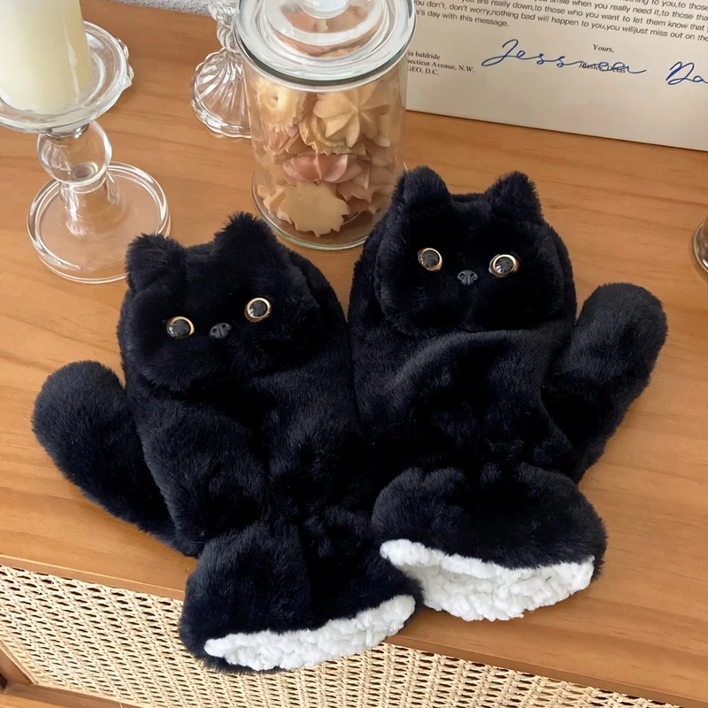 Black Cat Gloves High Aesthetic Cute Winter Windproof Cold-Proof Neck Hanging Outdoor Warm Full Coverage Wear