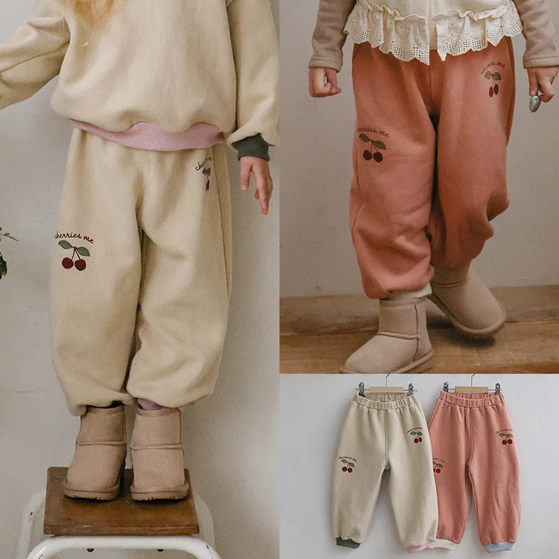 Girls Velvet Sweatpants Winter New Style Strawberry Shan Korean Children and Girls Comfortable Casual Printed Thickened Pants