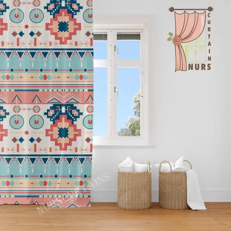 Tapa Motif Blackout Curtain: Colorful Ethnic Tribal Decor