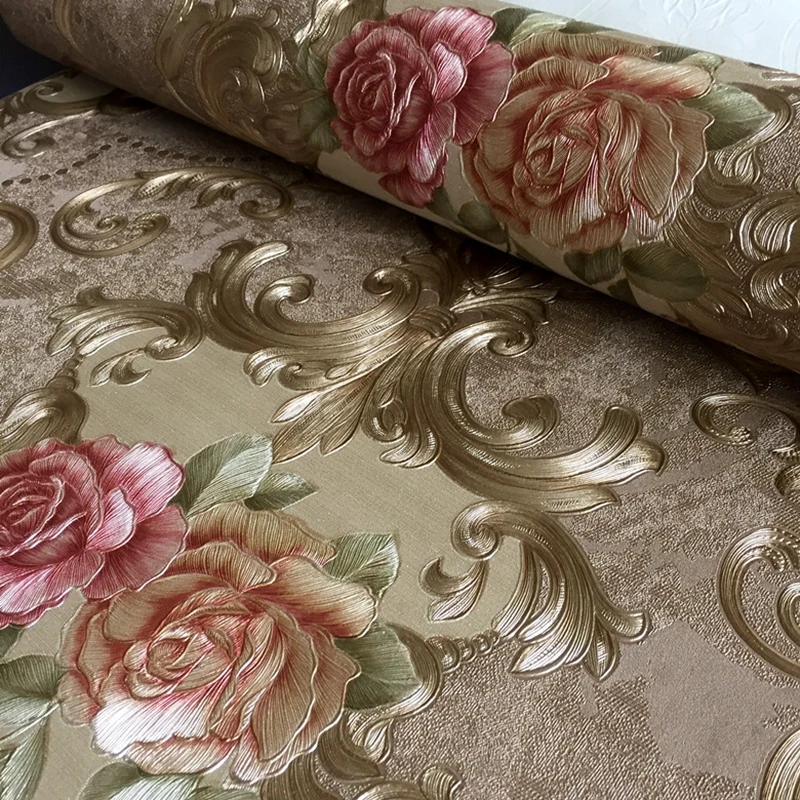 

Luxury Waterproof PVC Wallpapers Damask 3D Embossed Europe Style Rose Flower Wall Covering Living Room Bedroom Decor Mural