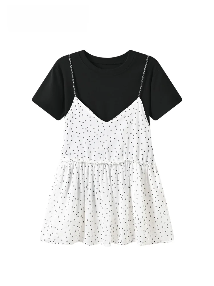

CaraCLUB Large Size Fashion Set Women's New Style Polka Dot Short Sleeve T-Shirt And Halter Neck Top for Plump Sister