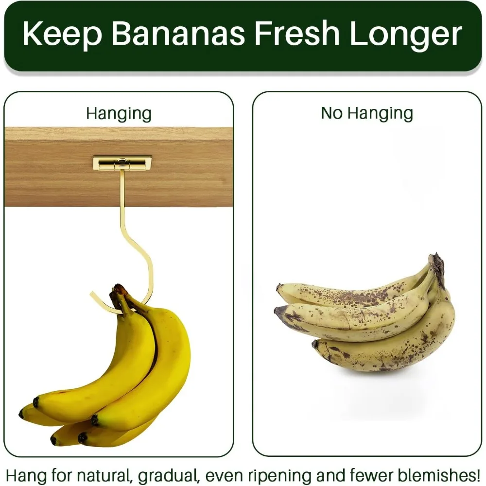 2-Pack Self-Adhesive Banana Holder, Foldable Under Cabinet Kitchen Hook with Magnet, Space Saving Storage Hanger for Fruit, Gold - view 5