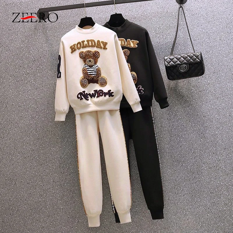 Autumn Women Cartoon Sportwear Suit Casual Black Tracksuit Female Autumn 2 Piece Set Pullover Top Patchwork Pant Sets Outfits