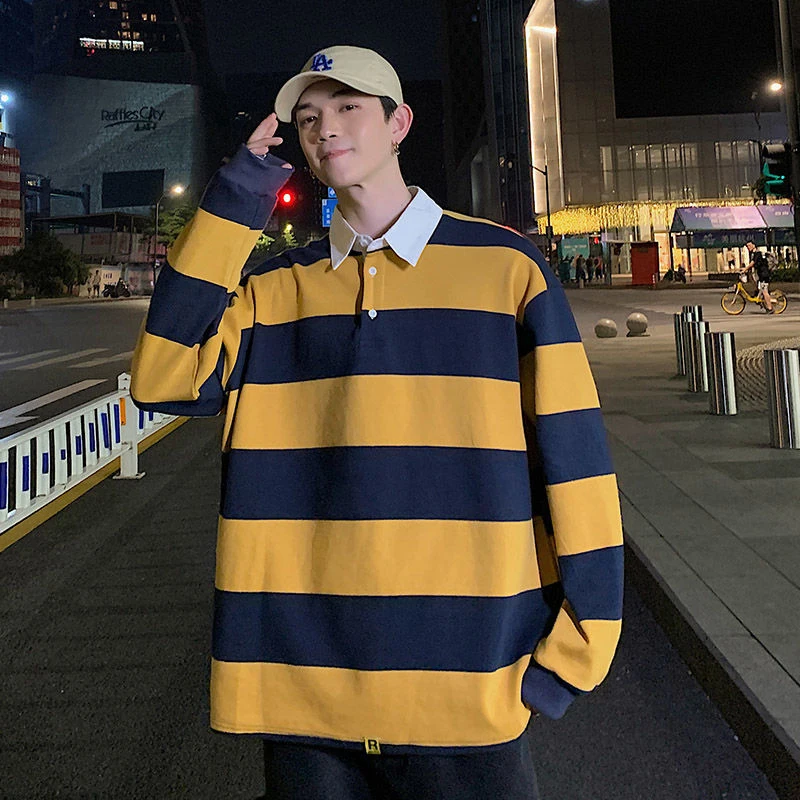 Yellow White Striped Vintage Polo Thin Casual 2022 Hoodie Long Sleeve Summer Spring Men Oversized Harajuku Korean Fashion Tops