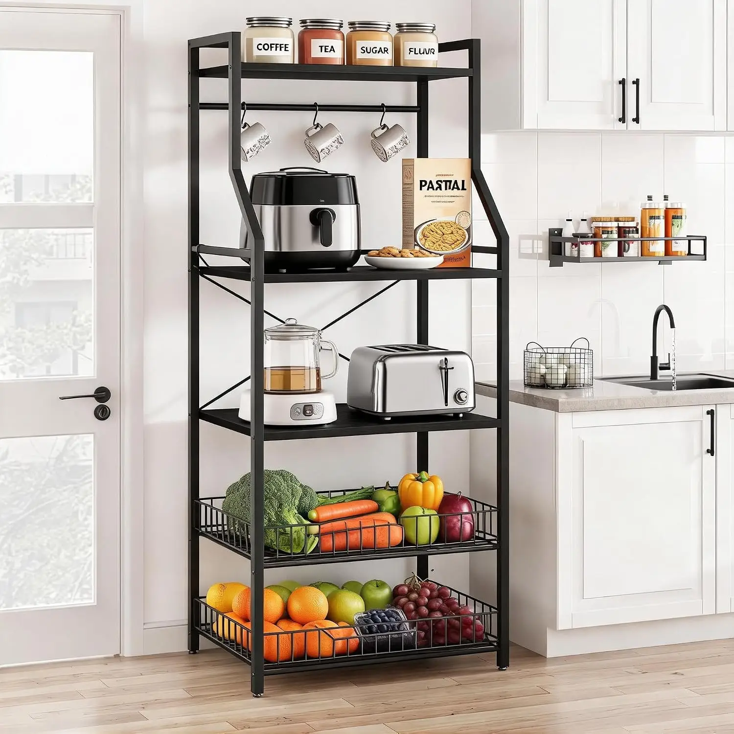 5-Tier Bakers Rack for Kitchen – 2 Large Wire Baskets, Microwave Oven Stand, Coffee Bar Station with Storage Shelves, 8 Hooks, Metal Frame, Organizer for Spices & Pots