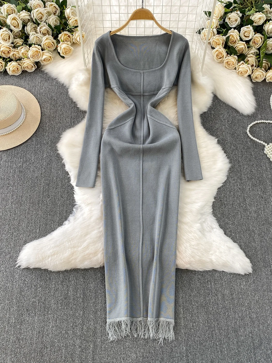 

Ele Knitted Long Sve Dr Women's High Waist A-Line Skirt Casual Sle Autumn Faion Slimming Tassel Detail Dr