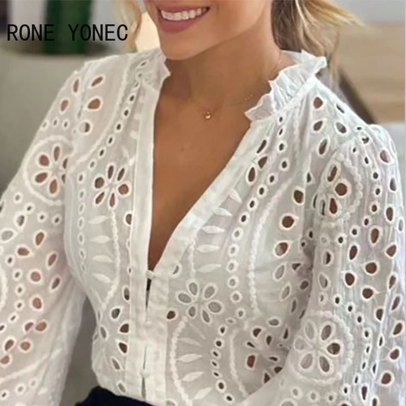 Women Chic Deep V Neck Long Sleeves Hook Flower Hollow White Blouse Tops