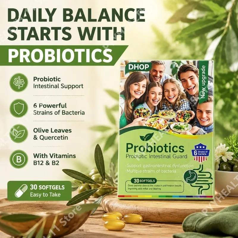 

Probiotics Intestinal Digestive Capsules with 6 Strains of Bacteria, Olive Leaves & Quercetin, Vitamins B12 and B2 30 Softgels