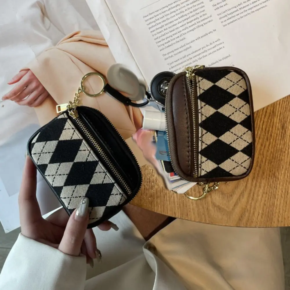 

Retro Three Layers Rhombus Plaid Wallet Solid Color Mini Zipper Coin Purse Korean Style Clutch Small Item Bag Men