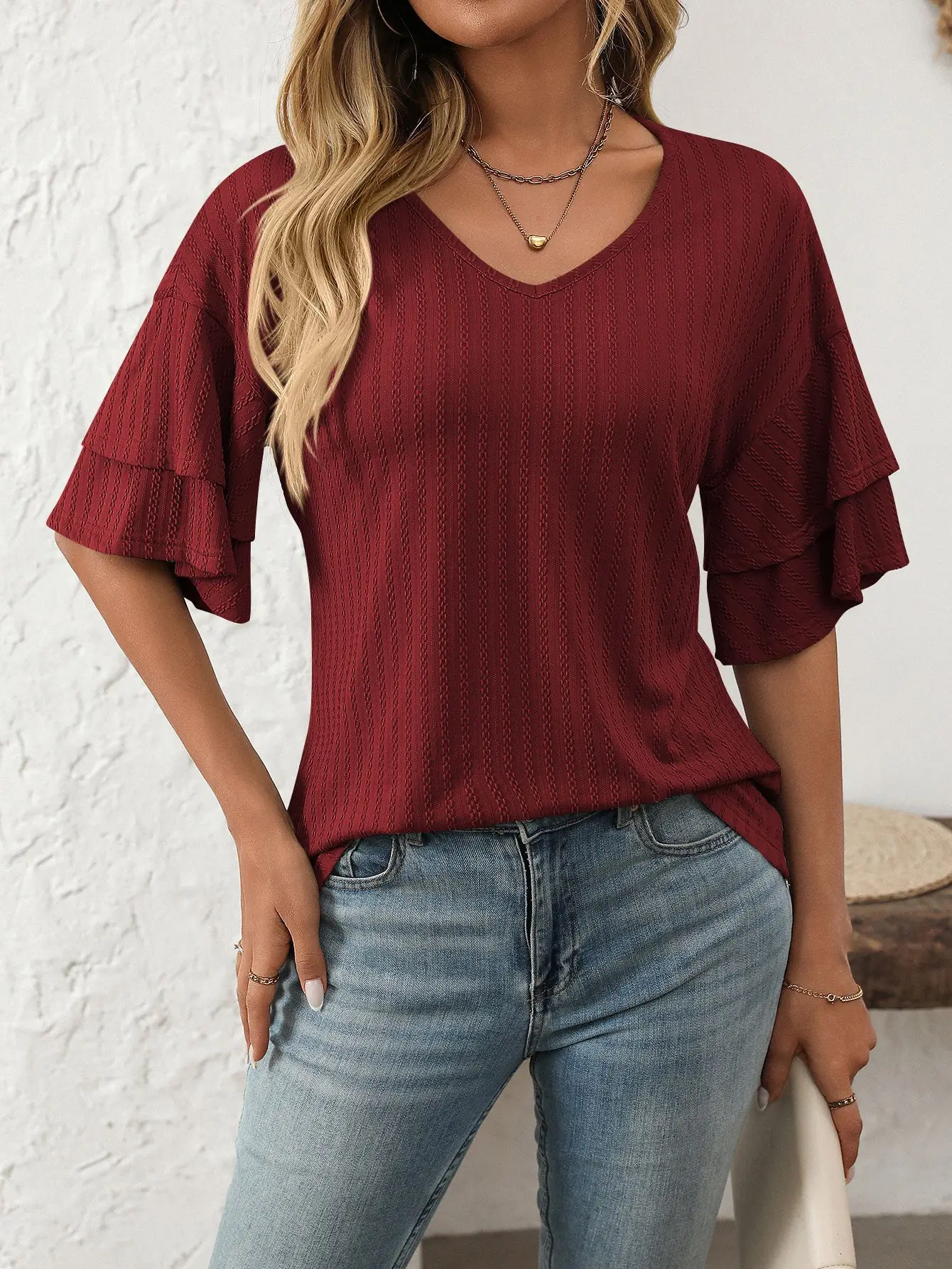

2025 Summer Women's T-shirt V-neck Lotus Leaf Sleeve Simple Pullover Top Solid Color Fashion Basic Girl Tees