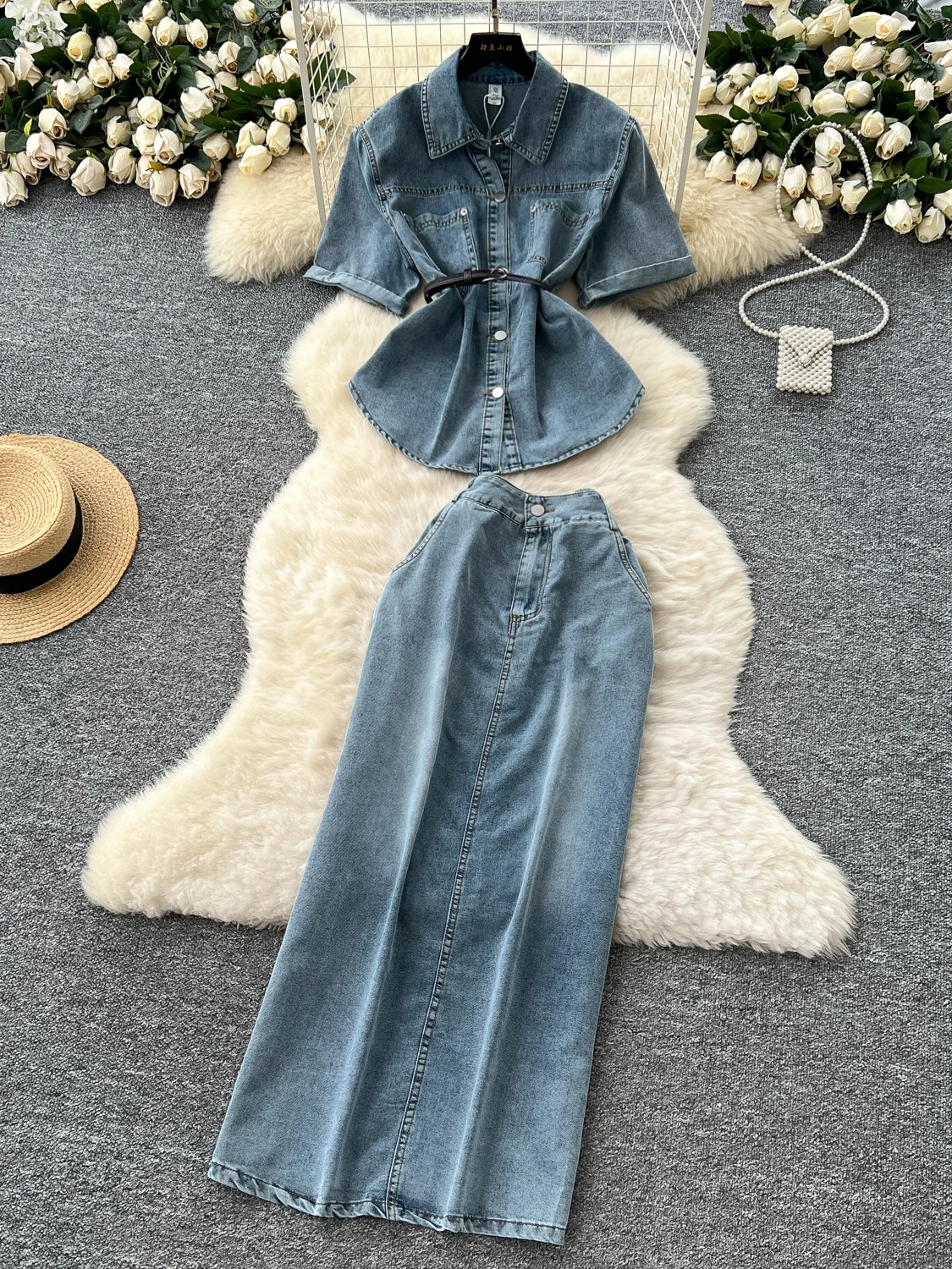 ハイウエストスリットデニムスカートと半袖トップス レディースファッションセット サマーツーピース outfits ボディコンミニドレス カジュアルウェア
