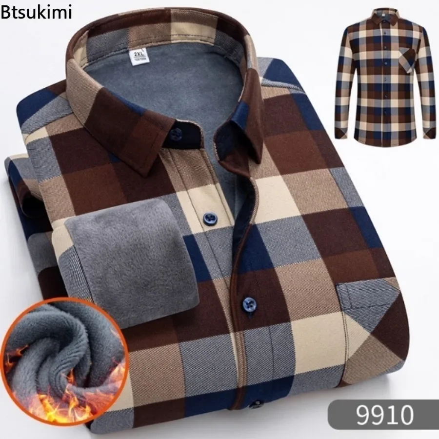 2023 Men\'s Thick Warm Long Sleeve Plaid Shirt Autumn Winter Fleece and Thick Warm Casual Shirts for Men Plus Size Plaid Shirt5XL