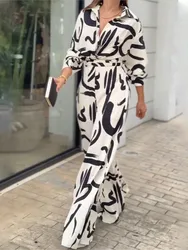 Spring Autumn Black White Print Jumpsuits Women Long Sleeve V-neck High Waist Wide Leg Jumpsuit Fashion Lady Commuting Clothing