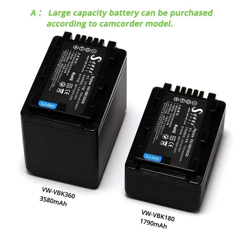 파나소닉용 VW-VBK360 배터리, 카메라 호환 VW-VBK180 VW-VBL090, HC-V100 V500 V700 HDC-SD80 SD90 TM90 HS80 SDR-S70 H85