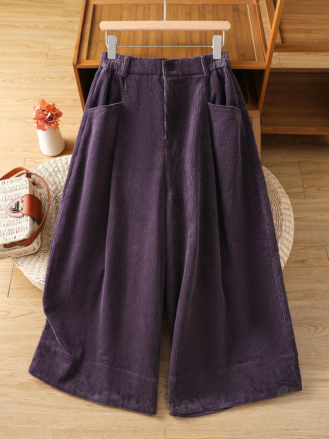 

Осенне-зимние брюки с высокой талией и широкими штанинами, повседневные свободные вельветовые брюки прямого кроя, 18 дюймов, женские, больших размеров