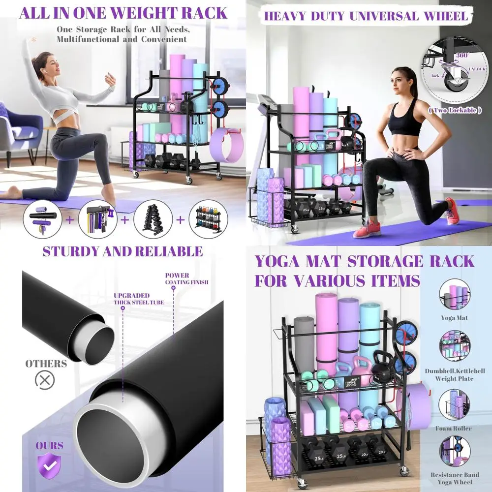 

Портативная стойка для хранения спортивного инвентаря с крючками и колесиками для гантелей, гирь, фоам-роллеров, ремней для йоги и эспандеров